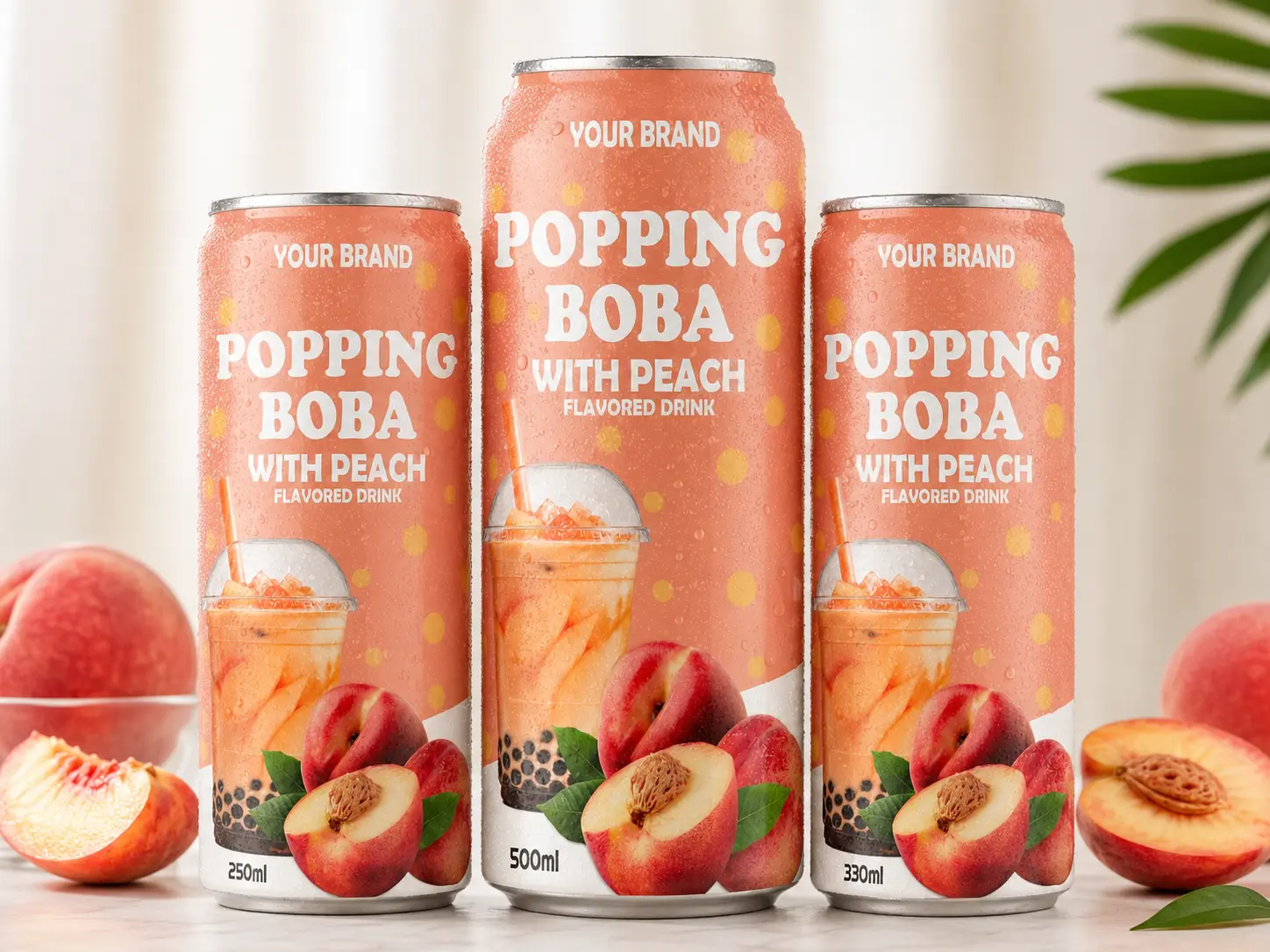 BUBBLE TEA Peach flavored popping boba drink shown in 250ml, 500ml, and 330ml cans.